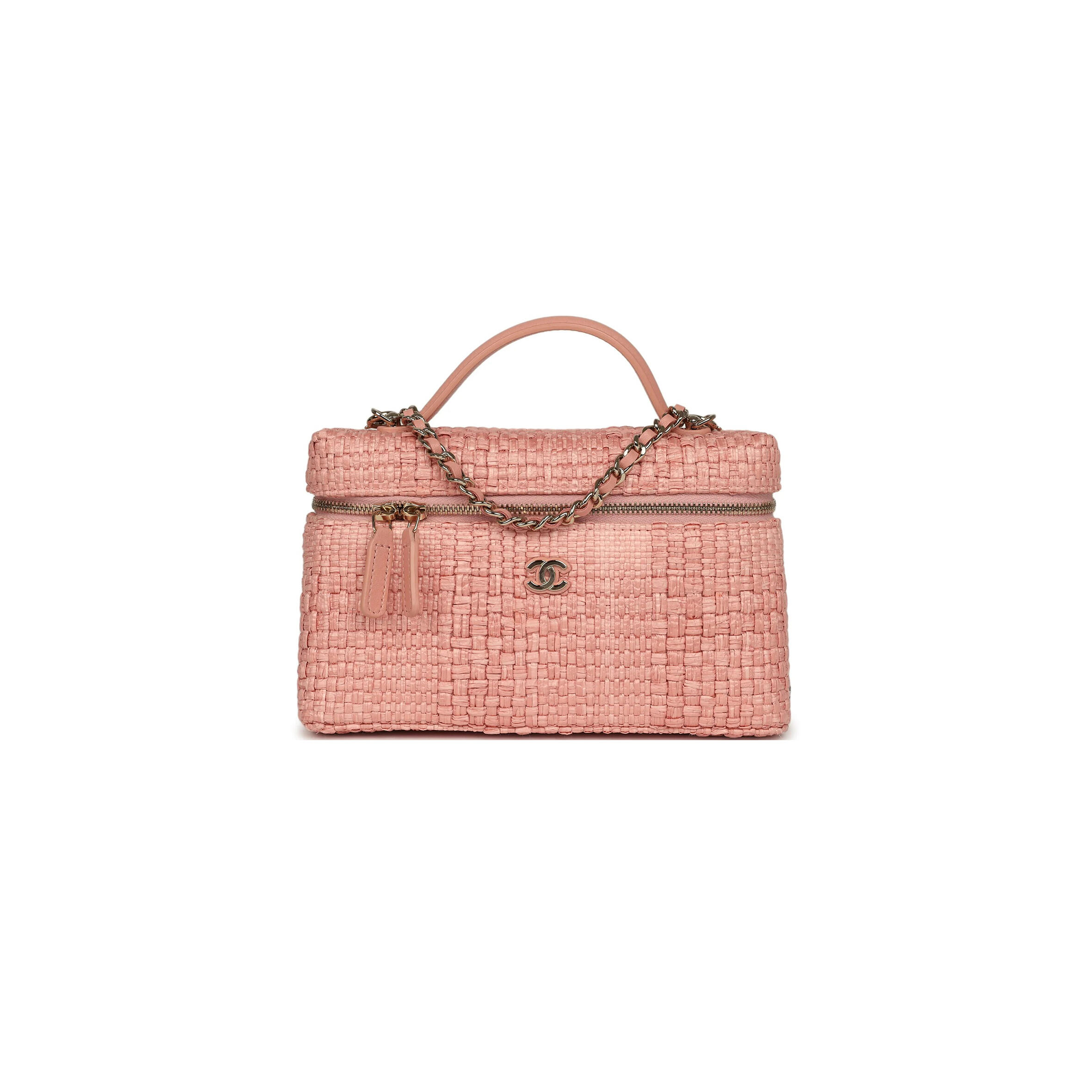 CHANEL TOP HANDLE LONG VANITY CASE WITH CHAIN LIGHT PINK BRAIDED RAFFIA LIGHT GOLD HARDWARE AP4385 (19.5*17*5cm) 